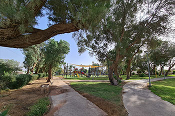 עצים גבוהים, שבילי אופנים והולכי רגל, מדשאות ופינת משחקים